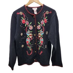 Crystal-Kobe Christmas sweater cardigan black bulbs medium button front